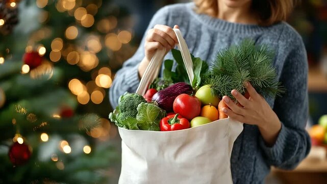 Sustainable shopping bag in faceless hands with fresh winter farmers market haul in mid-air, colorful vegetables and fruits suspended dynamically, defocused festive Christmas everg