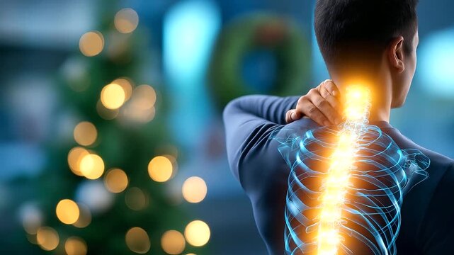 Faceless patient silhouette experiencing upper back discomfort, digitally rendered spine and rib cage with glowing tension points, defocused winter healthcare setting with Christma