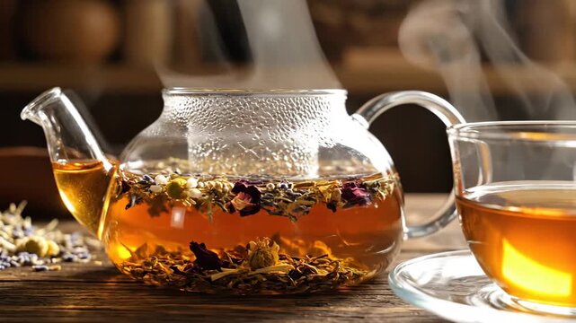 A fragrant herbal tea steeps in a clear glass teapot, releasing aromatic steam alongside a warm cup on a wooden table.