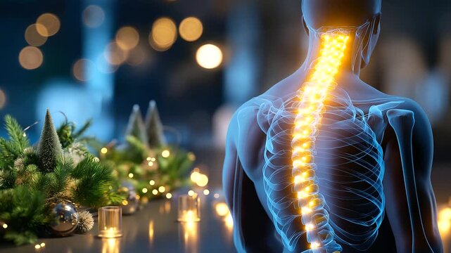 Faceless person with back pain profile, digital overlay of skeletal structure with highlighted problem areas, defocused winter physiotherapy clinic with Christmas plants bokeh, hol