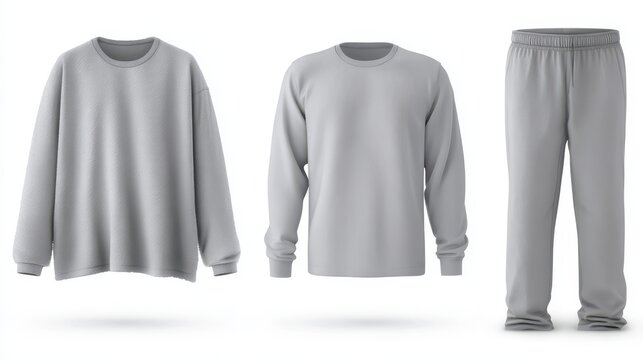 Three gray loungewear pieces, a sweatshirt, long sleeve tee, and pants, are artfully displayed