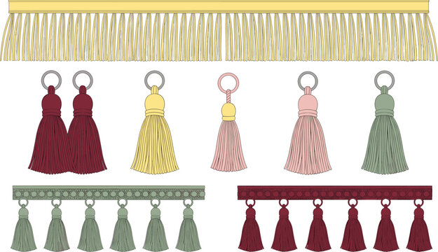 Set of decorative tassel and fringe trim vector illustrations in various colors like burgundy yellow pink and green for textile design.