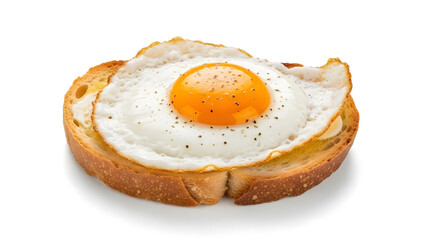 Fried egg served on toasted bread against white background  