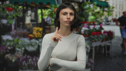 Young hispanic woman lifts index finger amid vibrant flower bouquets at a street market;...