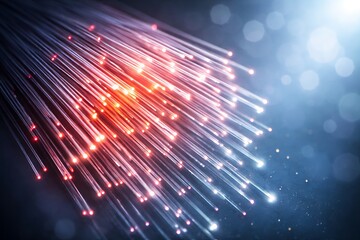High speed data flow through glowing fiber optic cables in an abstract technological background