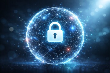 Digital padlock icon protecting global data network sphere cybersecurity concept