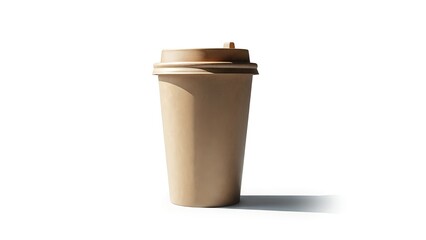 Brown paper coffee cup with lid on white background