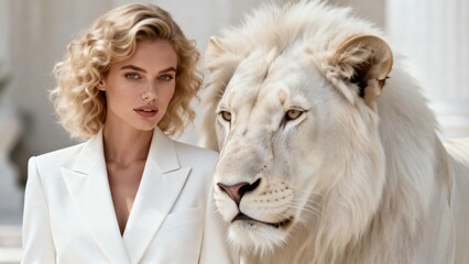 Woman in white suit with lion