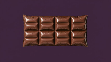 A rectangular brown foil balloon shaped like a segmented candy bar. Composition in the center, with glossy reflections and a wrinkled texture on a dark background.