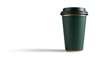 Dark green reusable coffee cup with gold accents and black lid