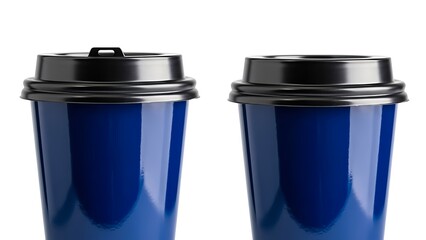 Two blue disposable coffee cups with black lids on white background