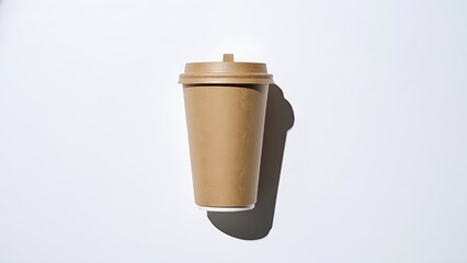 Brown paper coffee cup with lid on white background