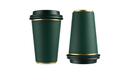 Dark green reusable travel cups with gold accents and black lids on white background
