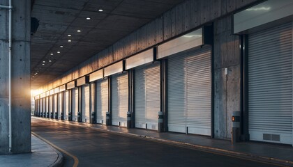 Obraz premium A long, concrete tunnel with a row of closed industrial roll-up doors and light at the far end.
