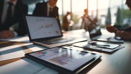 Business data analysis with tablet and laptop on desk during corporate meeting in modern office - Powered by Adobe