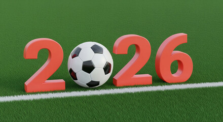 Red 2026 numerals on a soccer field with a football centered as the second digit, illustrating an upcoming major sports tournament event competition announcement background graphic