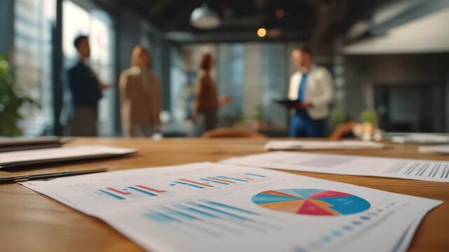 Business documents with charts on desk and blurred team discussion in modern office