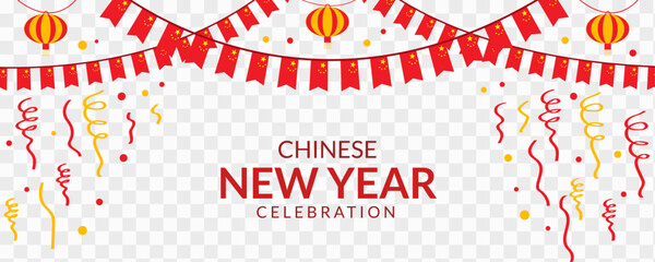 Chinese New Year Celebration Banner with Red Lanterns Bunting and Confetti on Transparent Background