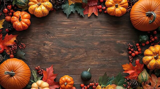 pumpkins and autumn leaves with blank wooden space for text video