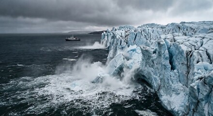 Dramatic glacier cliff crashing into turbulent ocean waves