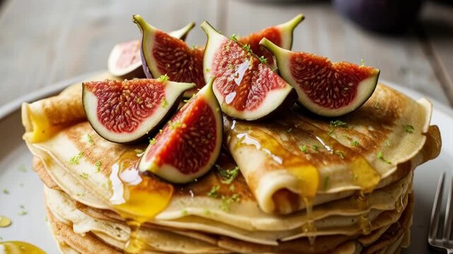 Delicious pancakes with fresh figs and honey drizzle in morning light