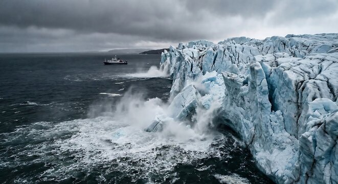 Dramatic glacier cliff crashing into turbulent ocean waves