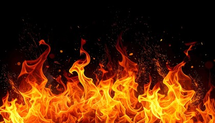 Fototapeta premium Rising fire flames with flying sparks on black background
