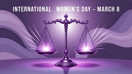 Purple background with scales of justice for International Womens Day March 8