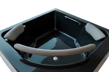 Modern Dark Corner Bathtub with Cushions and Grab Bar on Black Background modern bathroom luxury