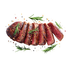 Perfectly seared steak slices with fresh rosemary and seasonings create an appetizing culinary experience, perfect for food lovers and gourmet enthusiasts