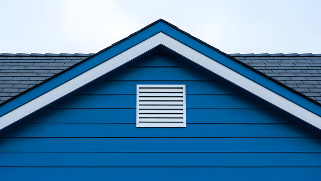 Blue wooden gable with white ventilation grille under pale sky, horizontal siding and roofline that emphasizes home airflow.
