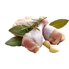 Fresh raw chicken drumsticks with rosemary and garlic, ready for cooking a delicious meal or grilling, perfect for food blogs and culinary projects