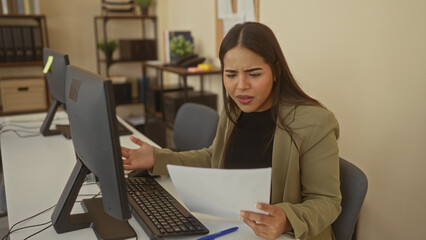 Hispanic woman in office studying paper at computer with a thoughtful expression, surrounded by a modern workspace, indicating a focused and professional work environment.