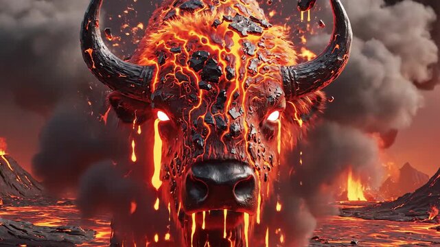 A powerful, muscular bull with a head of molten lava and glowing eyes emerges from a volcanic inferno