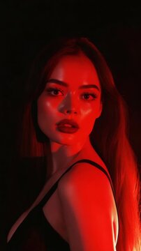 A woman with a strong and enigmatic presence against a dramatic red backdrop.