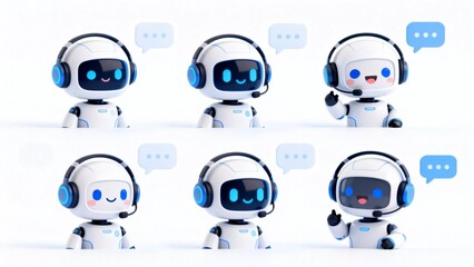 Six cartoon robots with headsets