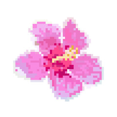 Bright Pink Pixel Art Hibiscus Flower: Retro 8-bit Style Digital Illustration of a Tropical Blossom on a Pure Black Background.