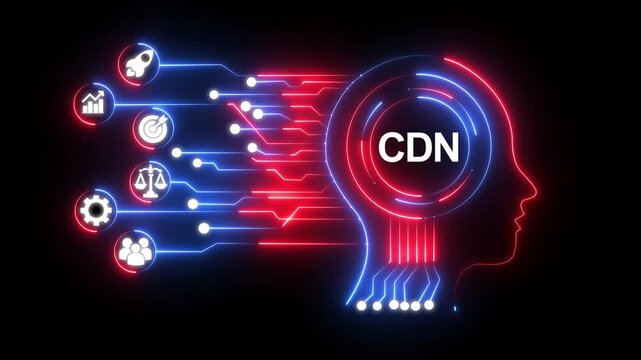 CDN concept with glowing digital brain and icons. CDN concept with technology icons arranged in a circle with glowing blue light and bokeh background.4k video motion ,graphic animation 