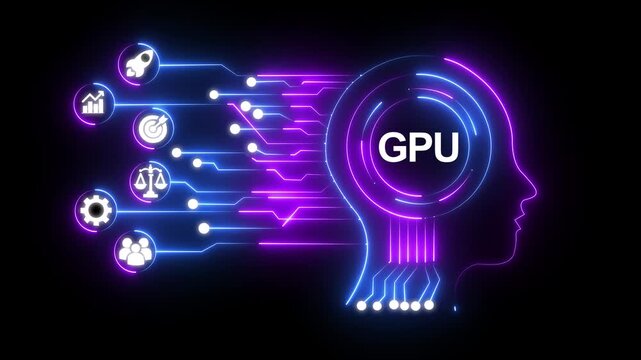 AI Brain with GPU Connections and Business Icons. G P U technology innovation concept with A I chip and business growth icons connected by glowing blue lines on black background .4k video animation ,