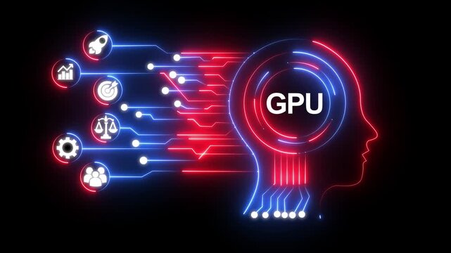 AI Brain with GPU Connections and Business Icons. G P U technology innovation concept with A I chip and business growth icons connected by glowing blue lines on black background .4k video animation ,