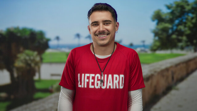 Young hispanic man with lifeguard t-shirt stands smiling in a sunny outdoor park with trees and walkway.