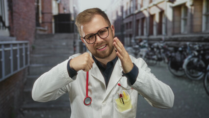 Young caucasian man doctor with stethoscope and labcoat wearing glasses crossing hands in street; defiance rejection.