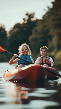 Happy kids paddling a kayak together.