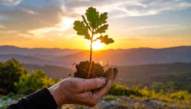 Young Oak Tree in Hand at Sunset Symbolizing New Beginnings and Hope for the Future.