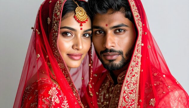 An Elegant Indian Bride and Groom Posing for their Traditional Wedding Day Portrait Filled with Love and Happiness.