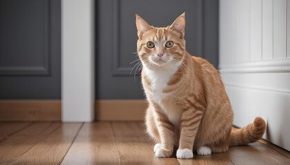 Cute ginger cat with green eyes sitting on the wooden floor, portrait of a cat