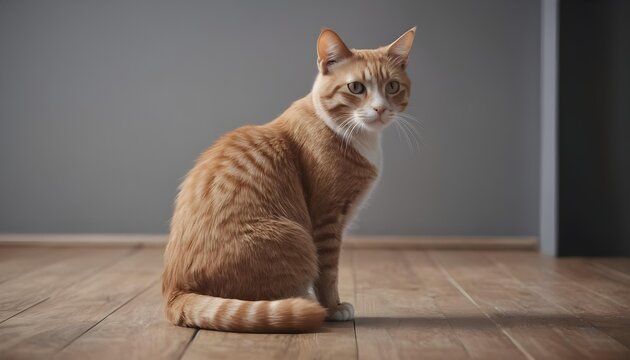 Cute ginger cat with green eyes sitting on the wooden floor, portrait of a cat - Powered by Adobe