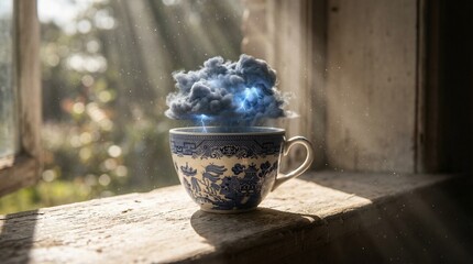 Surreal Dreamscape: Glowing Clouds & Light in a Vintage Teacup on a Sunlit Window Sill &ndash; Fantasy & Imagination Concept