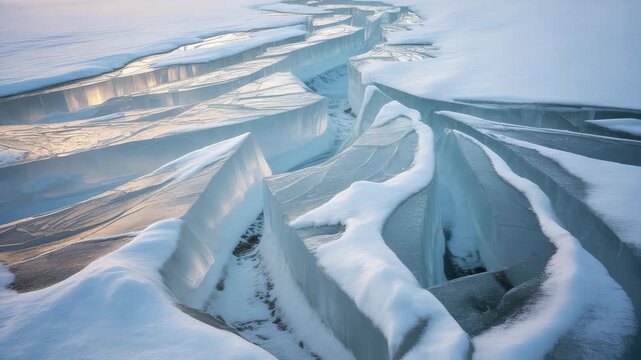 Frozen Ice Blocks Forming Abstract Patterns on a Lake Surface in Winter Sunlight
