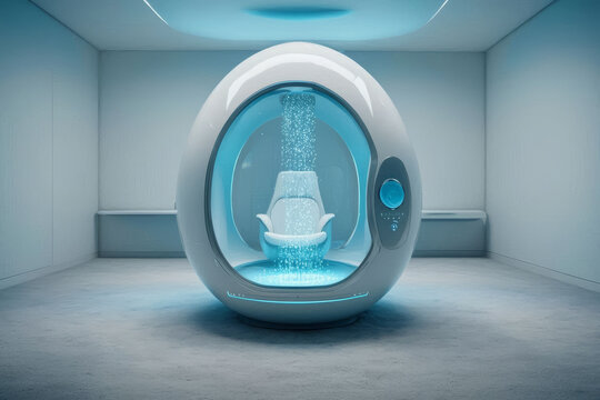 Futuristic cryo chamber or medical pod with intense blue glowing interior
